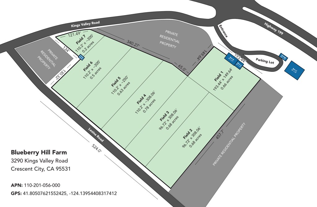 Graphic map of the farm property and the dividing lines that designate 7 separate fields